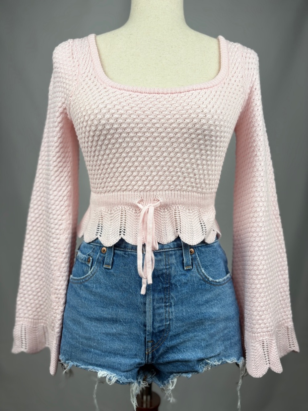 Altar’d State Blush Pink Knit Tie Front Peplum Top XS Boho Feminine - Picture 2 of 6